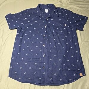 tentree Navy Short Sleeve Button-Up Shirt with White Bike Print